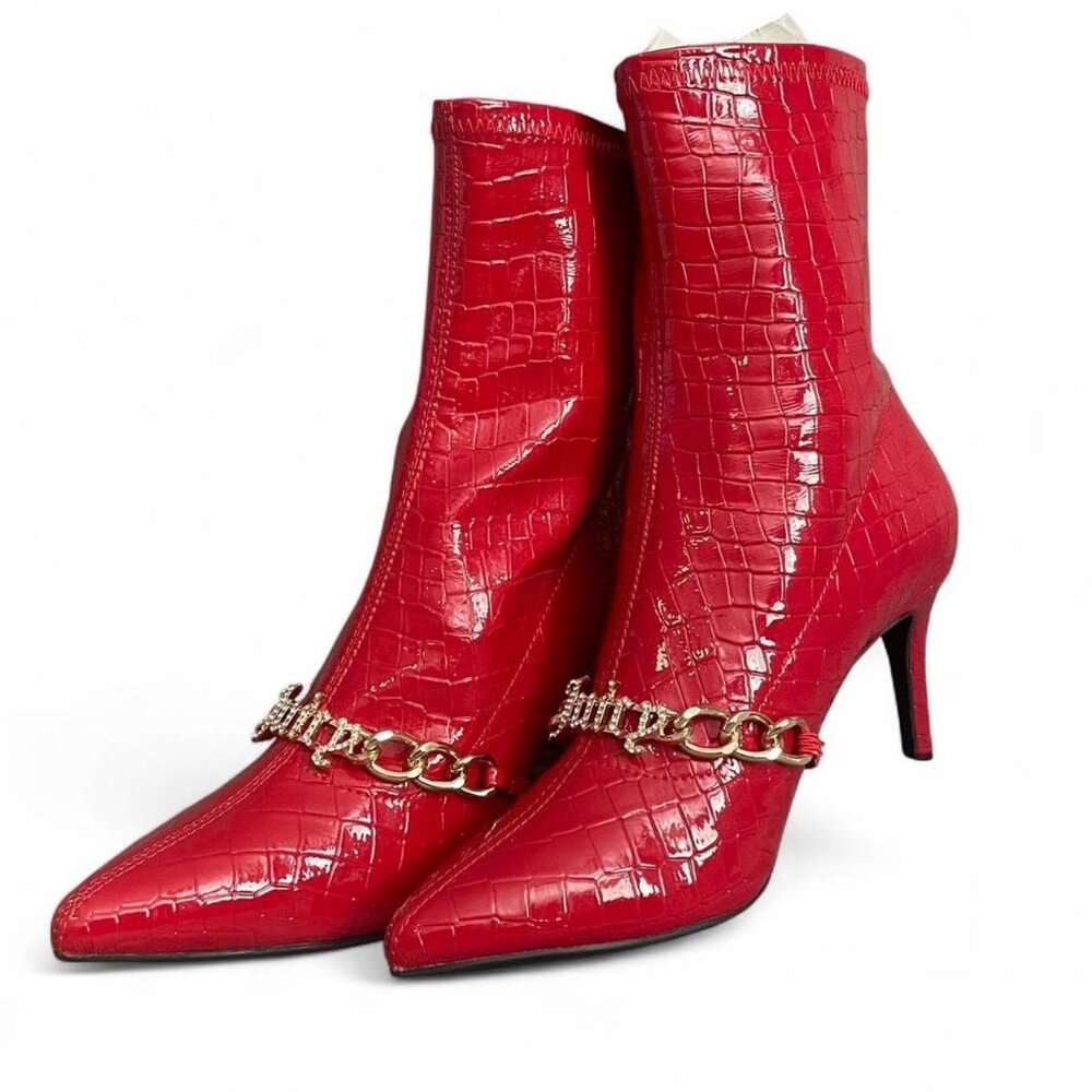 Juicy Couture Womens Red Croco JC-Tommi Boots With Gold Chain Detail & Logo 7.5 - Picture 1 of 11
